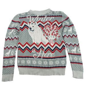 HBO GAMES OF THRONES Winter is Here Graphics Sweater Wolf Knit Gray Blue Red L